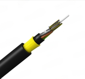 Fibra óptica ADSS Singlemode G657 A1, con un alcance de 100m y una resistencia de tracción de 1100N. Diseño con funda de PE y diámetro de 8.9mm, con 12 fibras."