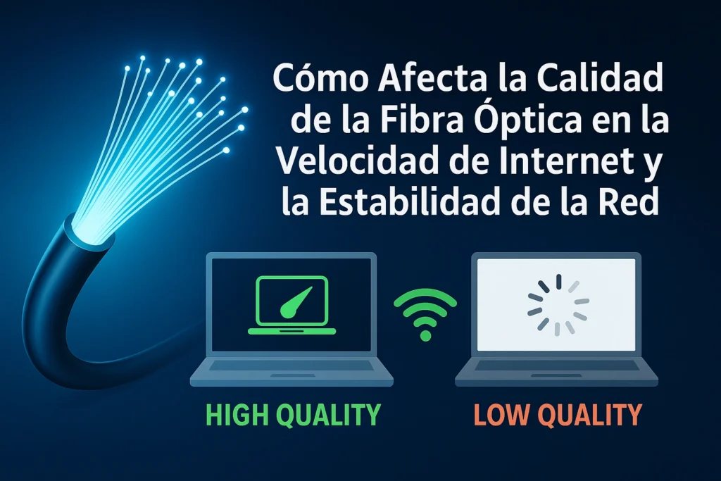 Ilustración que muestra cómo la calidad de la fibra óptica afecta la velocidad de internet y la estabilidad de la red, comparando conexión de alta calidad y baja calidad.