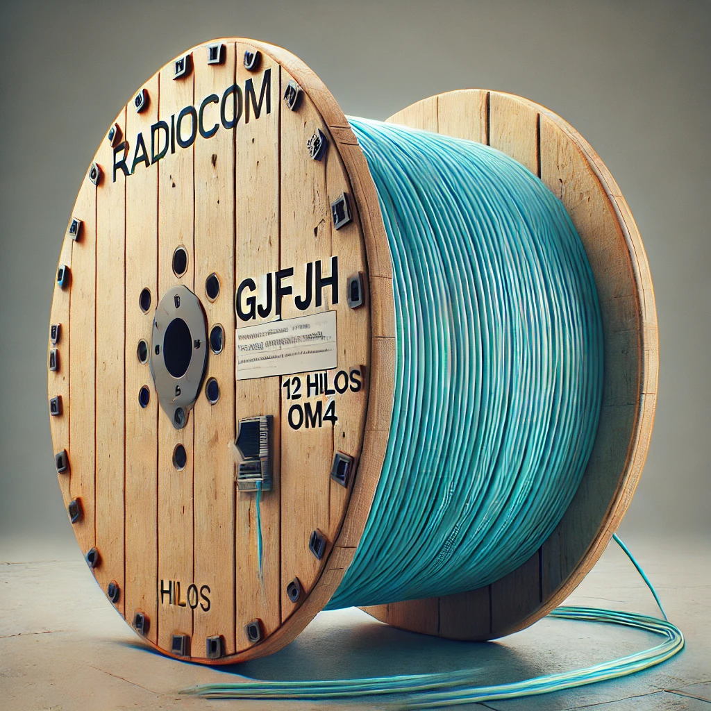 Carrete de madera con cable de fibra óptica GJFJH 12 hilos multimodo OM4 de color aqua, marca RADIOCOM.