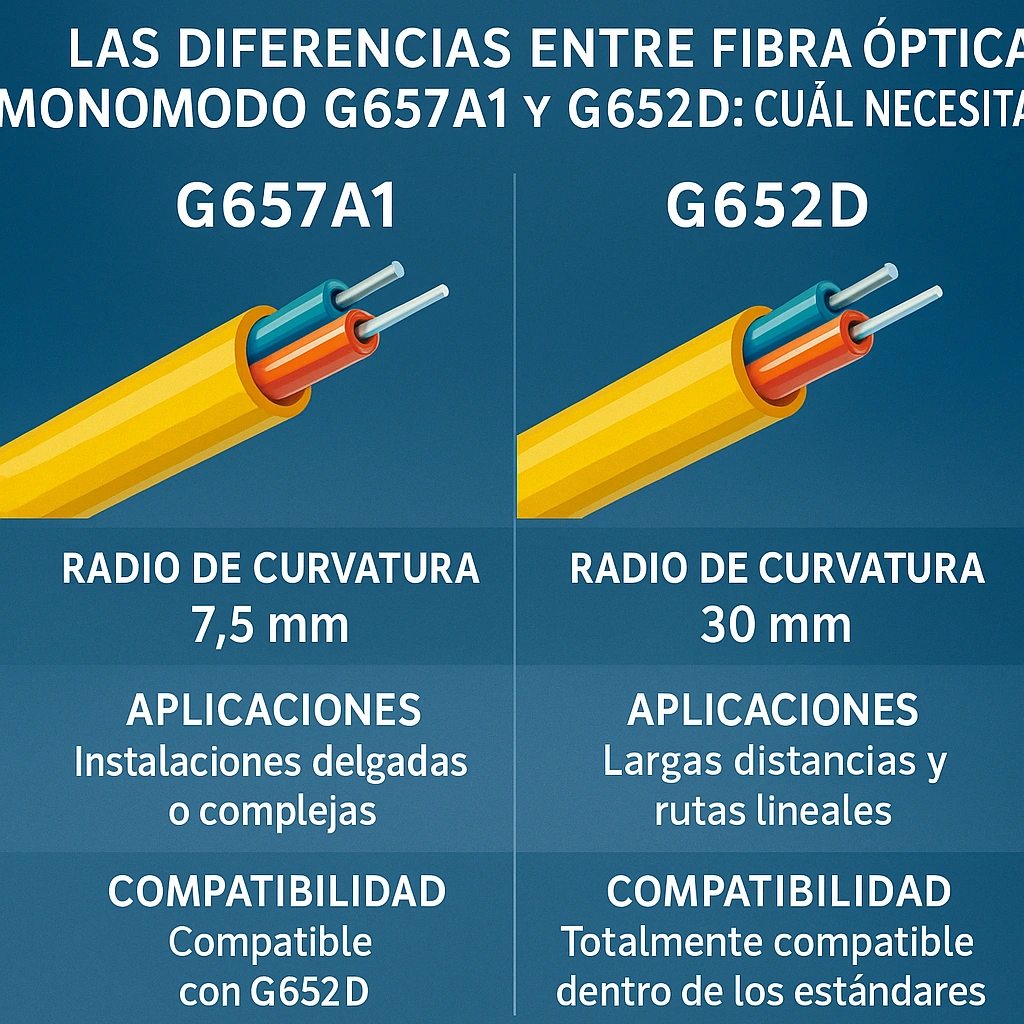 Comparativa técnica entre fibra óptica monomodo G657A1 y G652D mostrando diferencias de radio de curvatura, aplicaciones y compatibilidad.