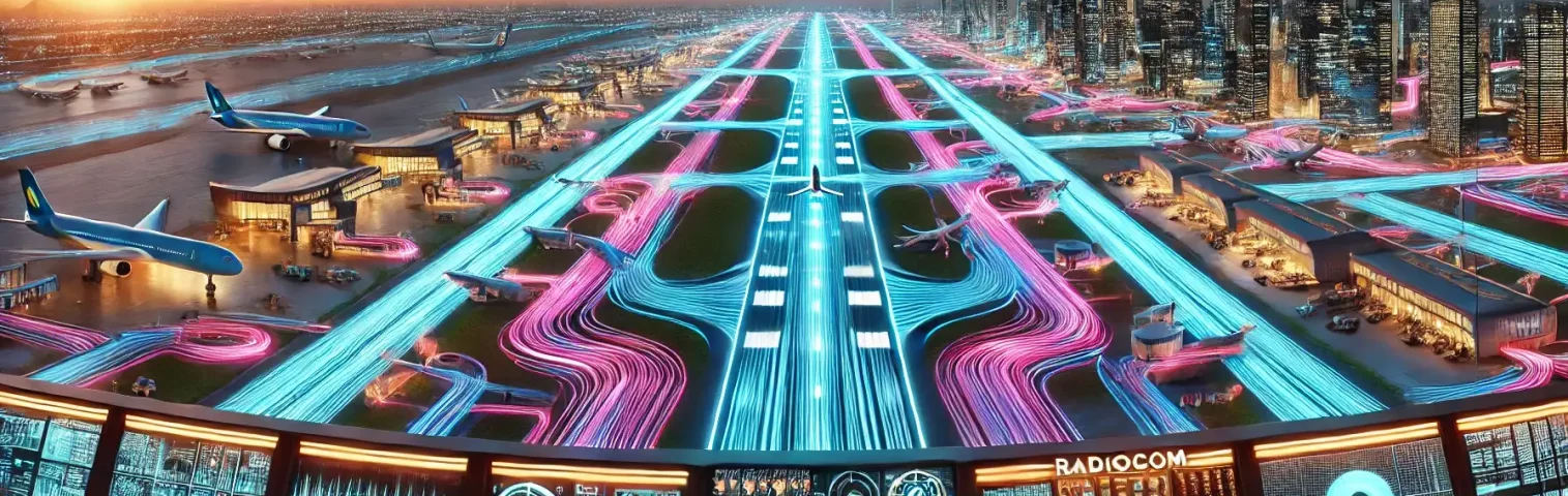 Vista desde una torre de control futurista con conectividad de cables de fibra óptica en Colombia, mostrando un aeropuerto digitalizado donde aviones y vehículos están interconectados con tecnología de alta velocidad