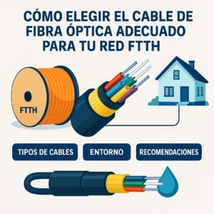 Instalación de cable de fibra óptica FTTH con cubierta LSZH en red residencial, mostrando técnico y caja de conexión.