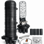 Mufla de fibra óptica vertical tipo domo para 24 y 48 fibras con 1 entrada y 4 salidas