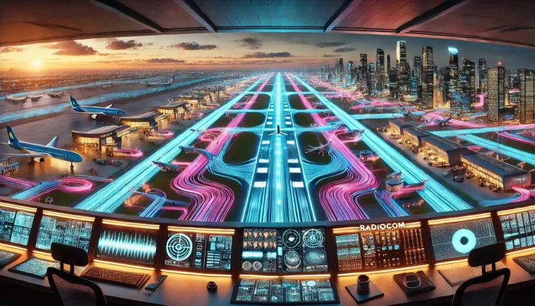 Vista desde una torre de control futurista con conectividad de cables de fibra óptica en Colombia, mostrando un aeropuerto digitalizado donde aviones y vehículos están interconectados con tecnología de alta velocidad